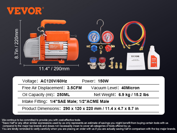 VEVOR ac vacuum pump with accessories, specifications, and dimensions on display.