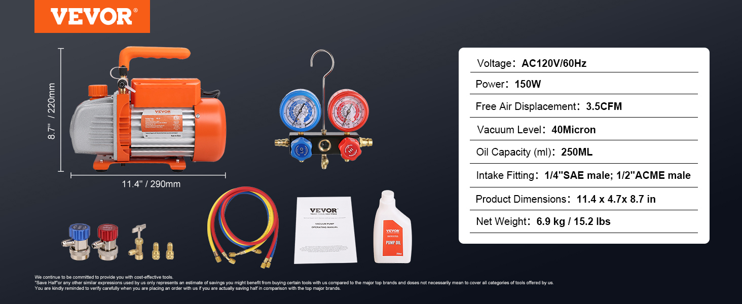 VEVOR ac vacuum pump with accessories, specifications, and dimensions on display.
