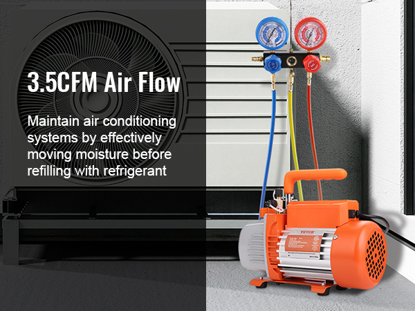 VEVOR ac vacuum pump next to hvac system with 3.5cfm airflow, gauges attached, outdoor setting.