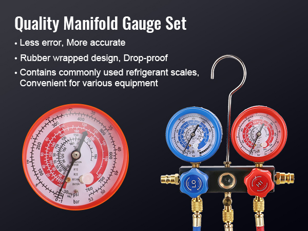 manifold gauge set with blue and red dials and rubber-wrapped design for VEVOR ac vacuum pump.