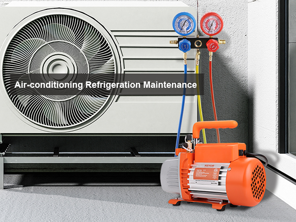 VEVOR ac vacuum pump used for air-conditioning refrigeration maintenance next to outdoor unit.