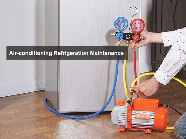 person using VEVOR ac vacuum pump for refrigerator maintenance with colorful hoses and gauges.