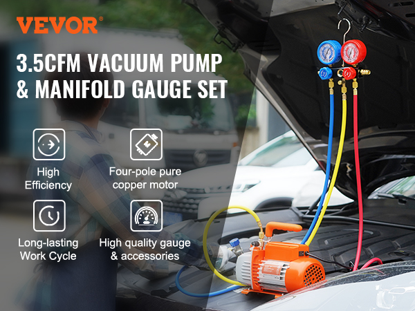 VEVOR ac vacuum pump with manifold gauge kit in use, showcasing high efficiency and durable components.