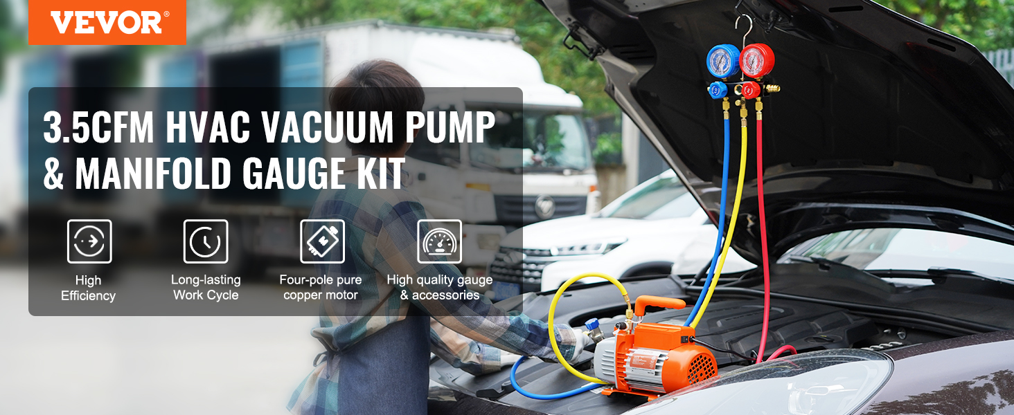 VEVOR ac vacuum pump with manifold gauge kit in use, showcasing high efficiency and durable components.
