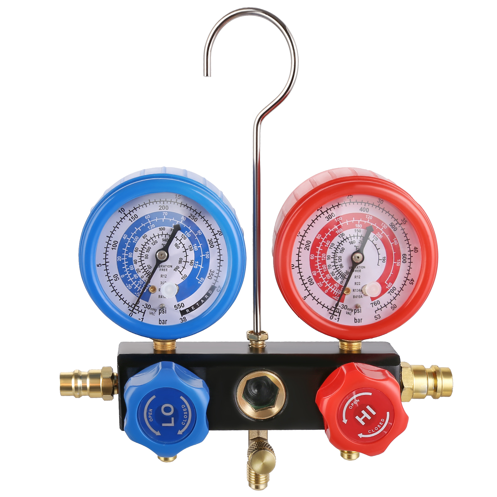 VEVOR ac vacuum pump with dual pressure gauges and blue and red knobs, metal hook on top.