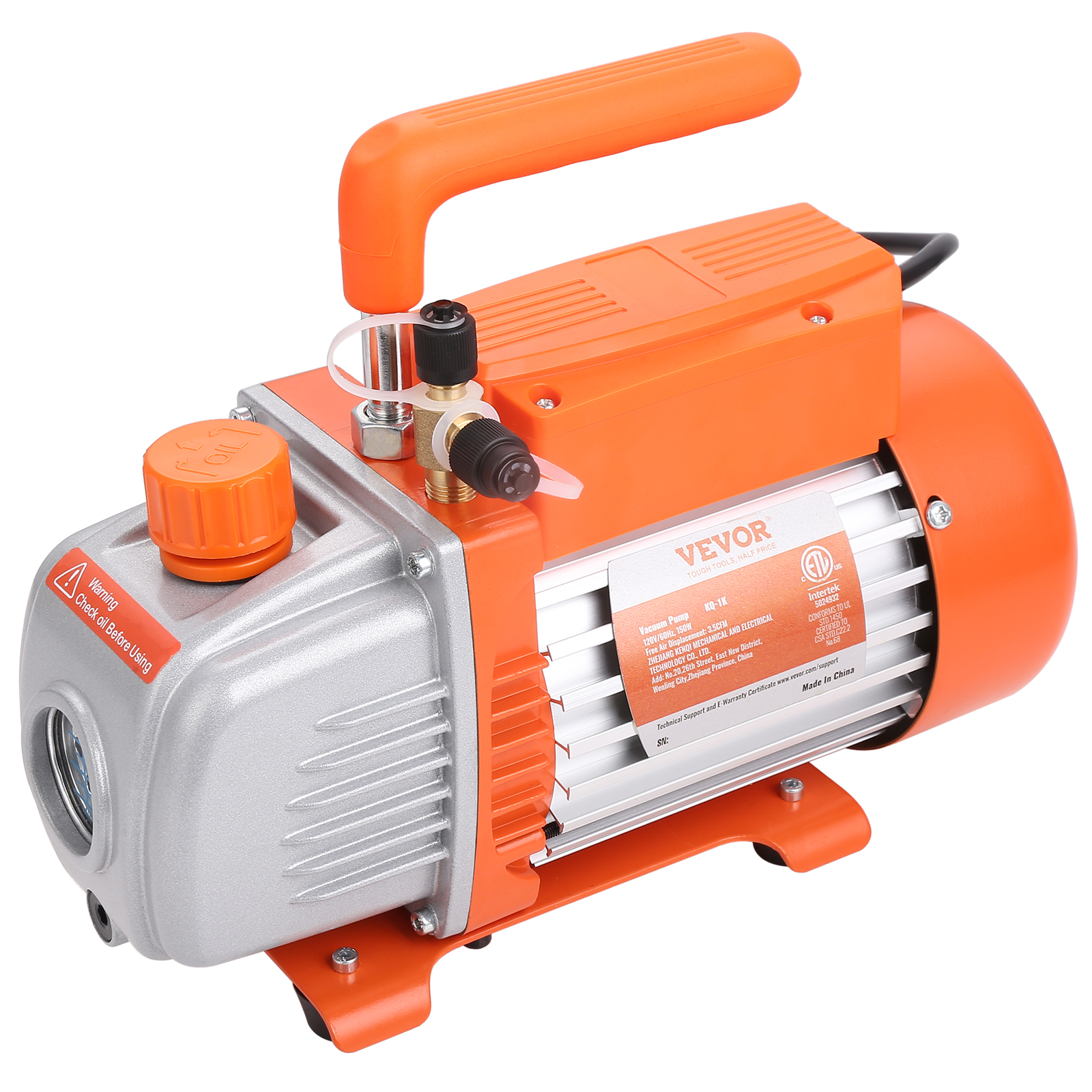 VEVOR ac vacuum pump with orange housing, silver metallic body, and carrying handle.
