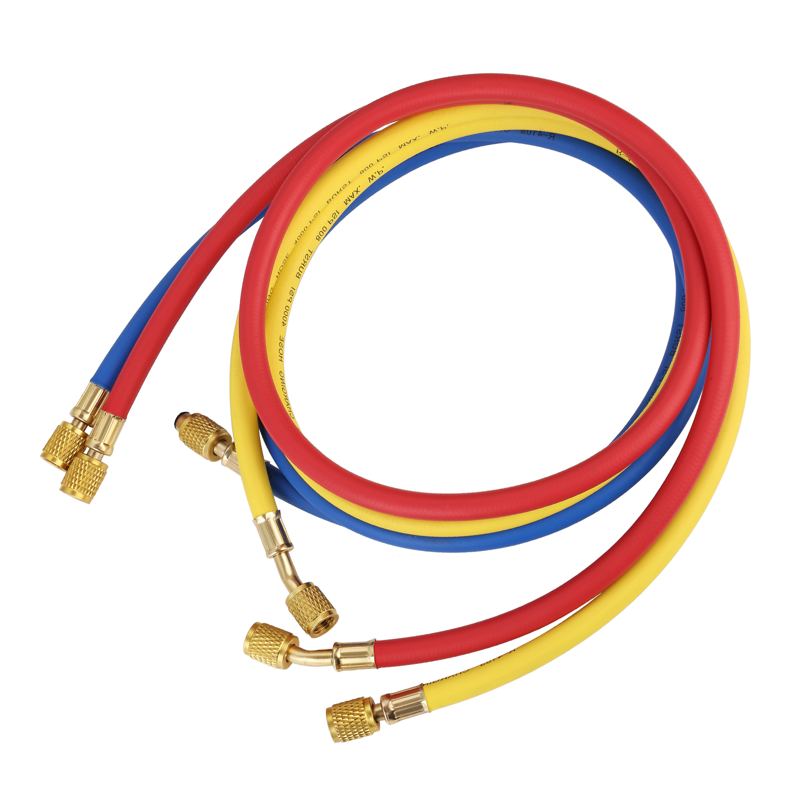 red, blue, and yellow hoses with brass fittings for VEVOR ac vacuum pump.