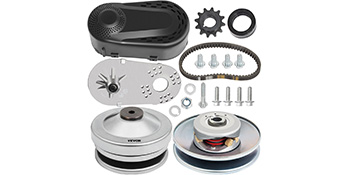 VEVOR go kart torque converter kit components with belt, pulleys, and hardware.