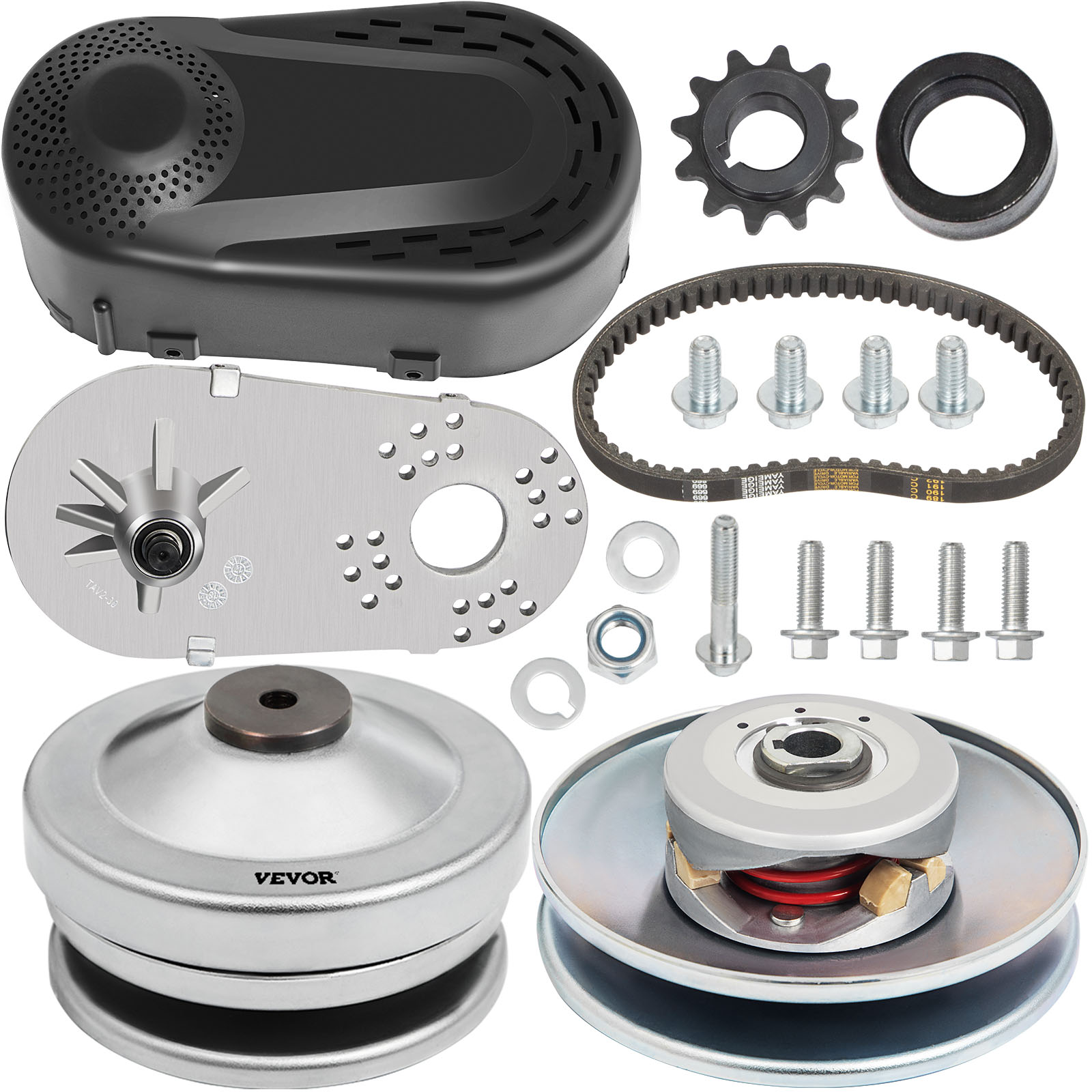 VEVOR go kart torque converter kit with belt, pulleys, and mounting hardware.