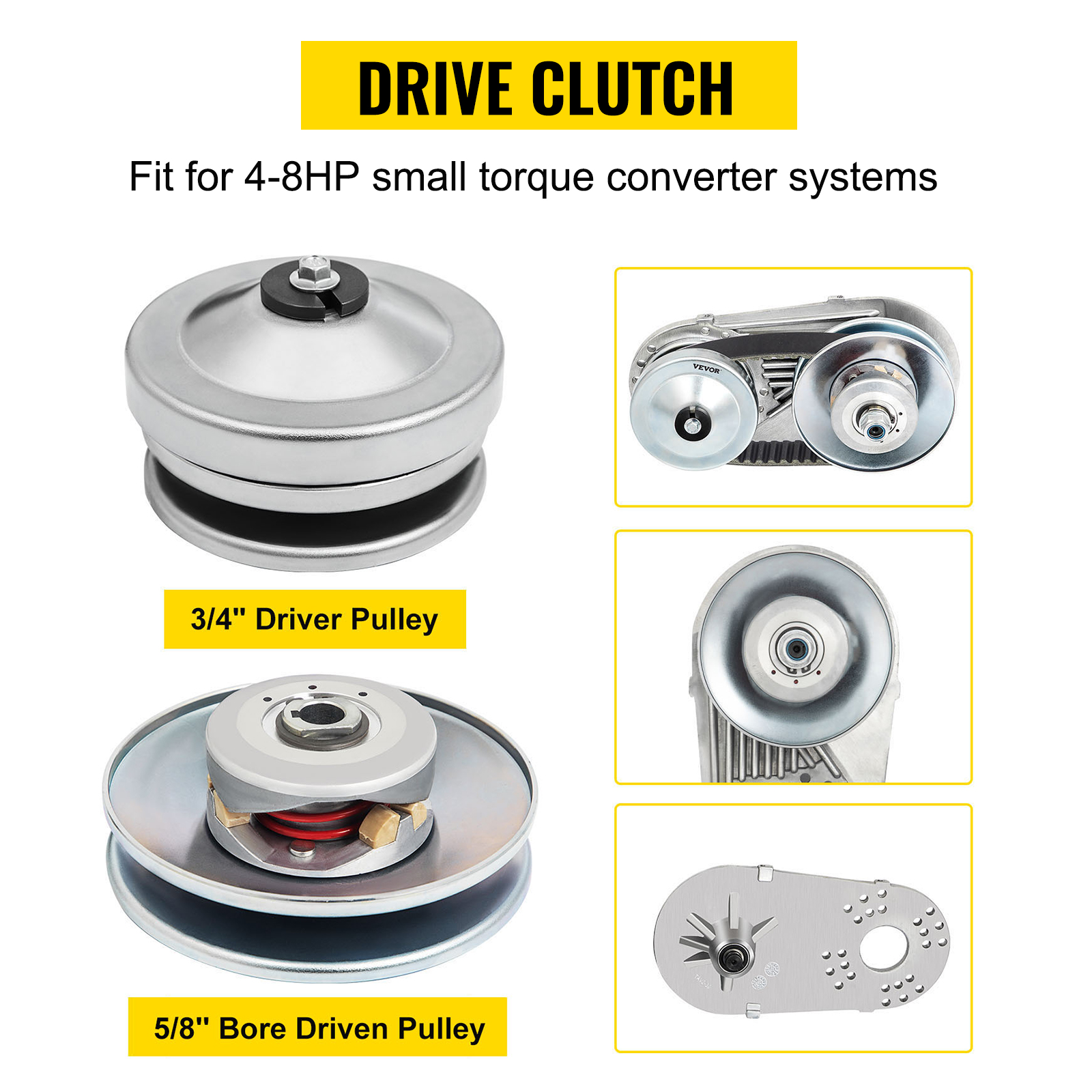 VEVOR go kart torque converter kit components with drive clutch, pulleys, and mounting plate.