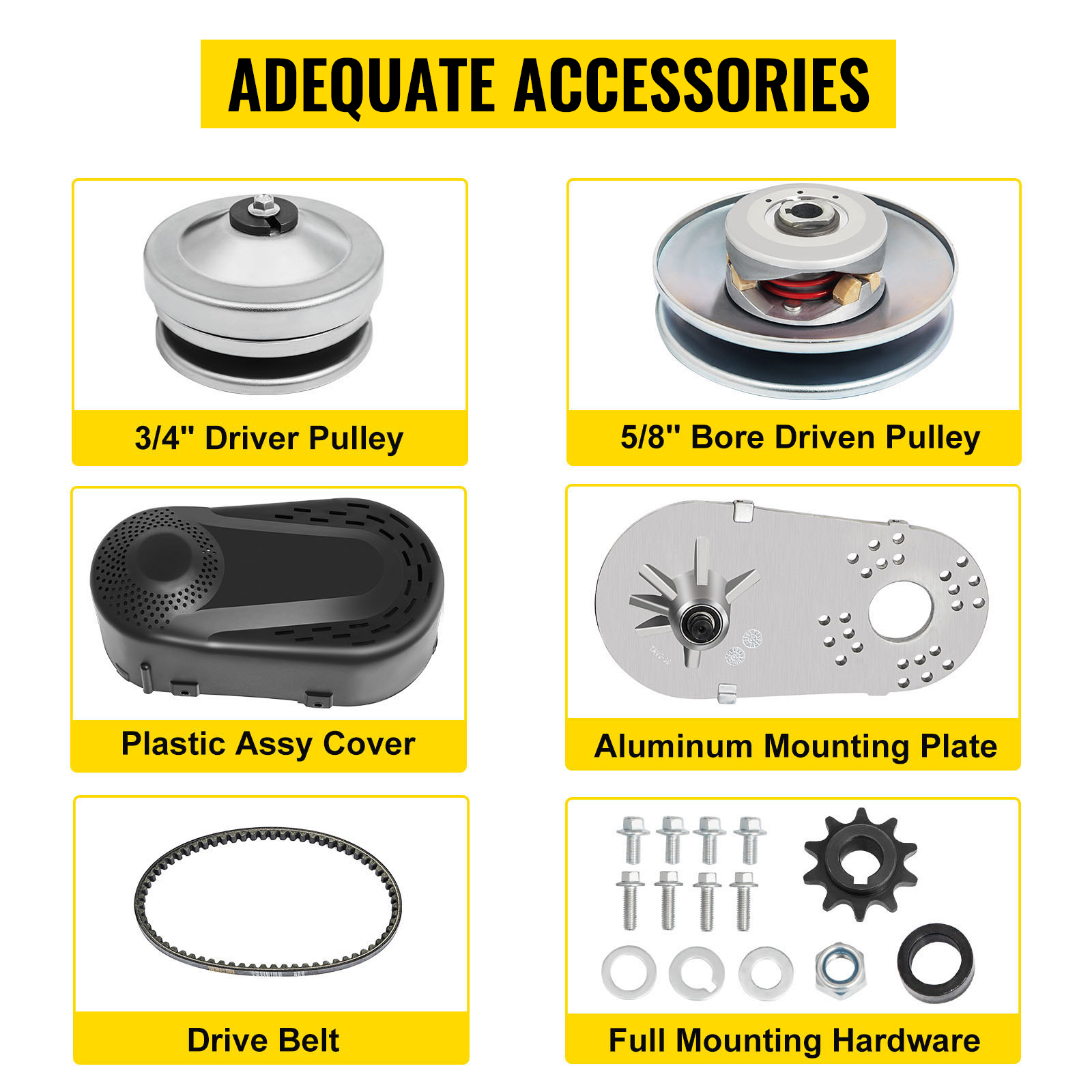 VEVOR go kart torque converter kit components: pulleys, cover, plate, belt, hardware.