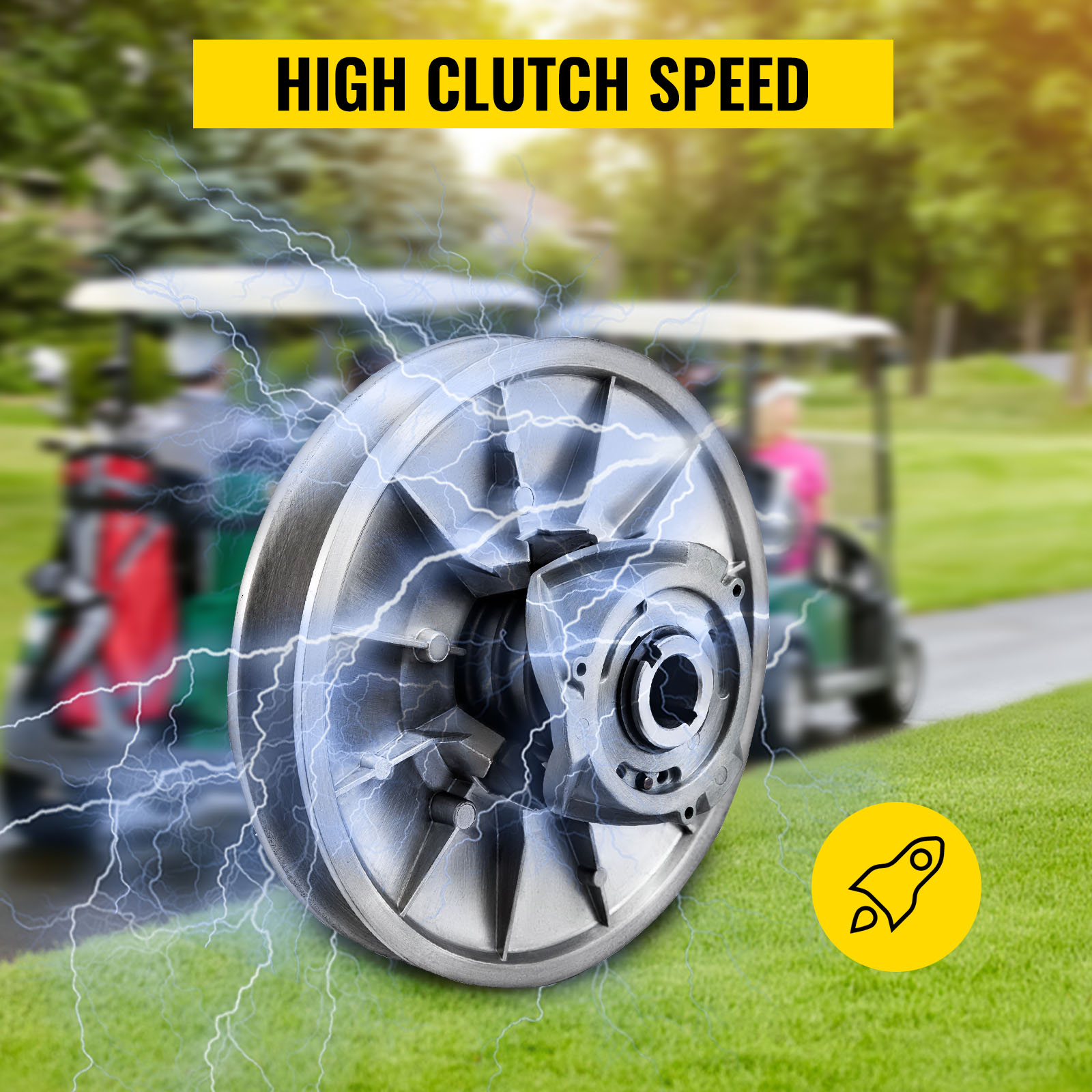 VEVOR golf cart clutch with high clutch speed text and electric effect on a golf course.