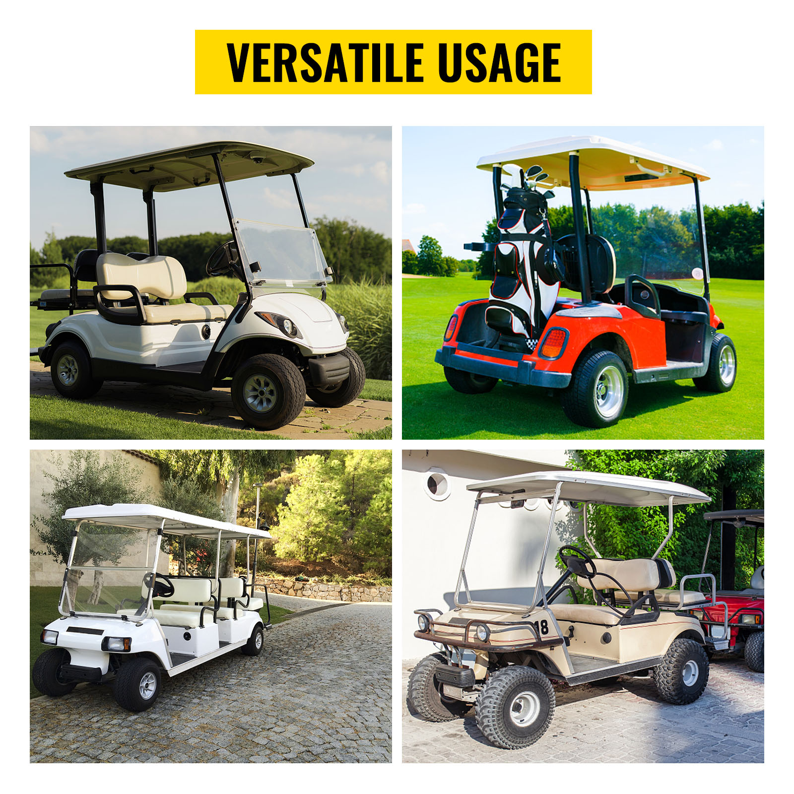 various golf carts on display outdoors; VEVOR golf cart clutch compatible.