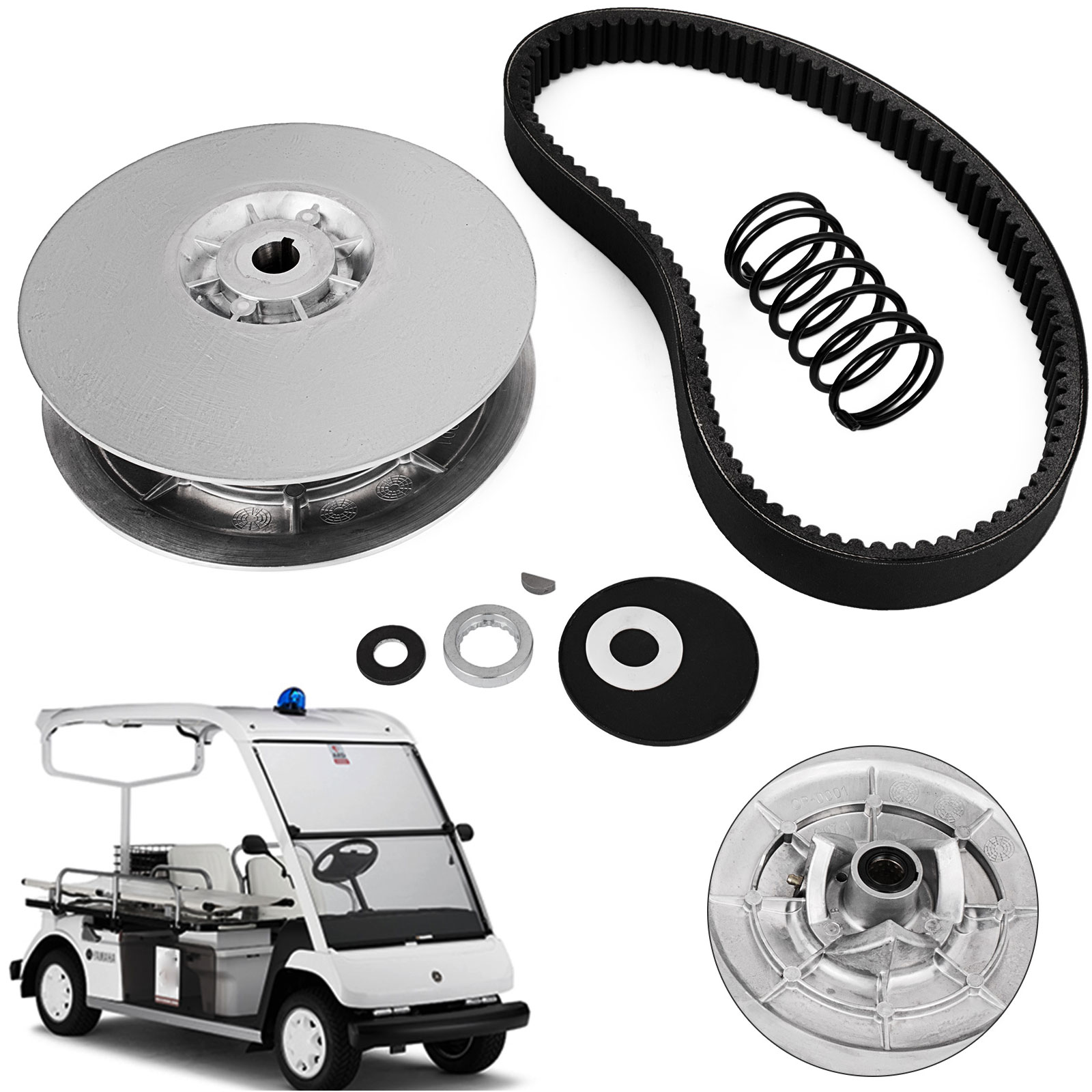 VEVOR rear driven clutch kit with belt, spring, washers, and parts beside a golf cart.