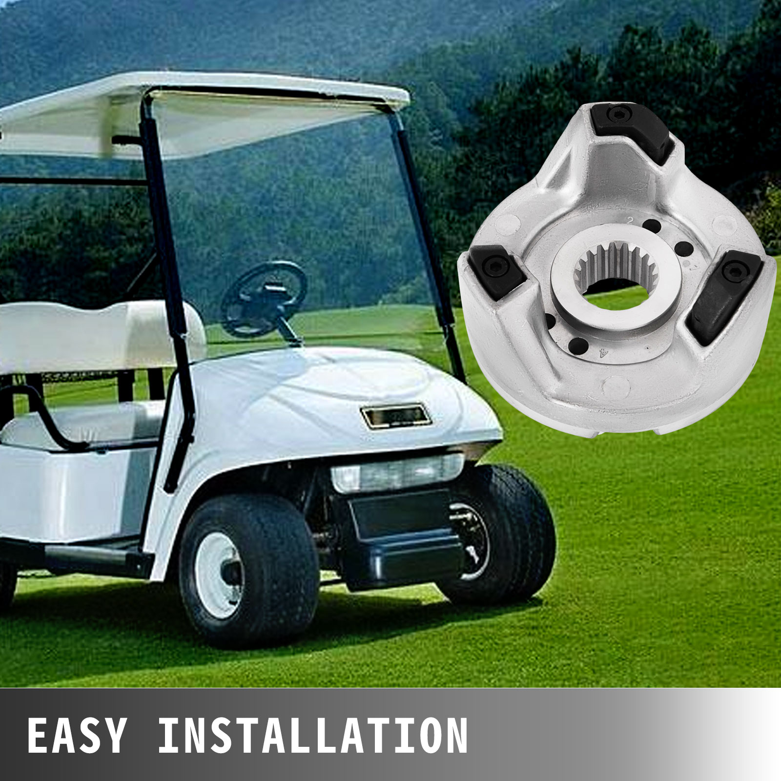 golf cart with VEVOR rear driven clutch kit on a lush green lawn. easy installation.