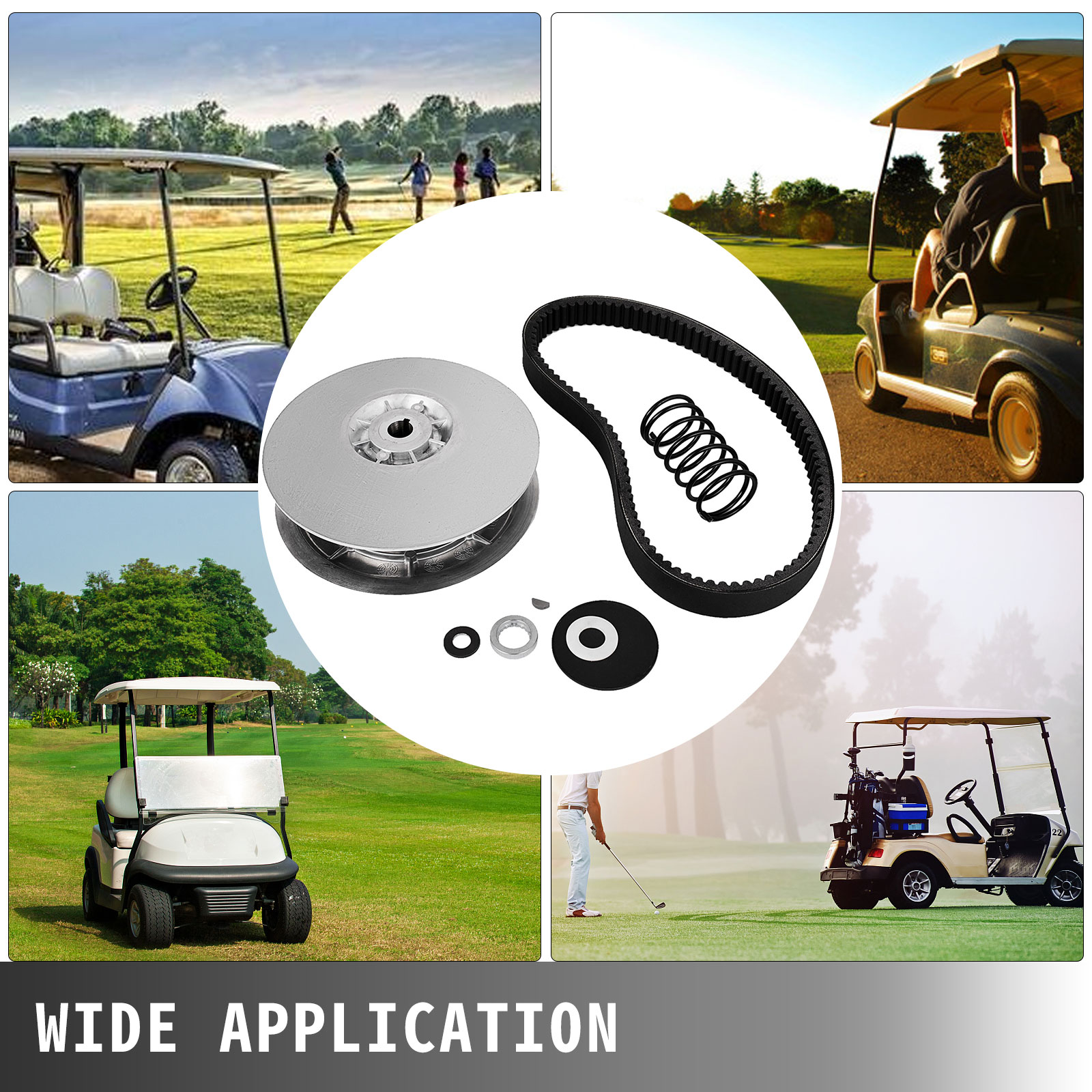 VEVOR rear driven clutch kit for golf carts in use on a green golf course.