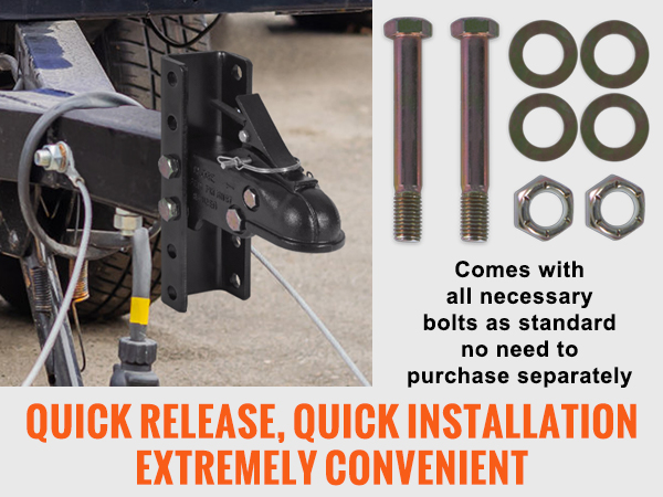 VEVOR adjustable trailer coupler, quick release, and installation with necessary bolts included.