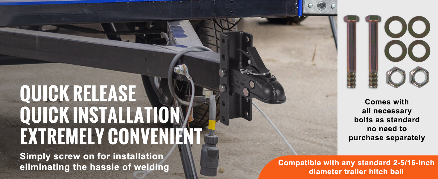 VEVOR adjustable trailer coupler, quick release, and installation with necessary bolts included.