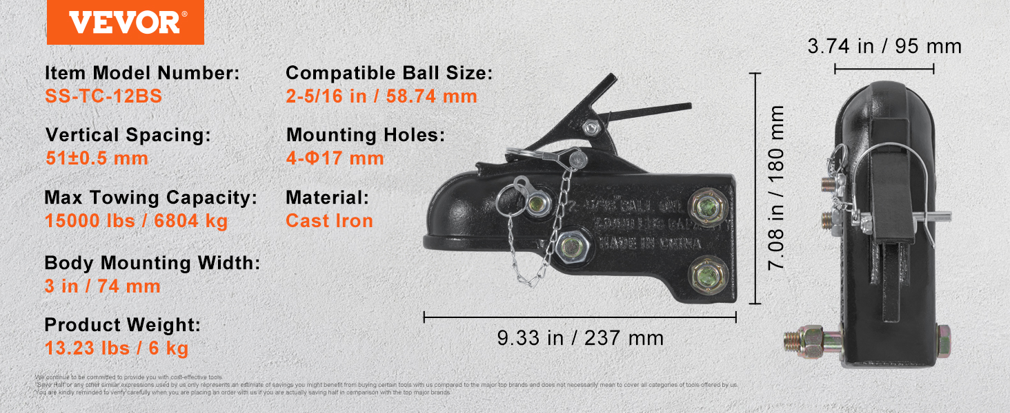 VEVOR adjustable trailer coupler, max towing 15000 lbs, compatible with 2-5/16 inch ball, cast iron.