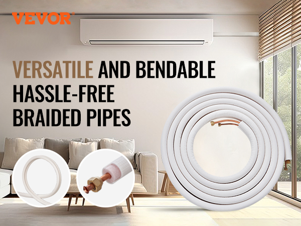 VEVOR mini split line set: versatile and bendable hassle-free braided pipes for air conditioner installation.