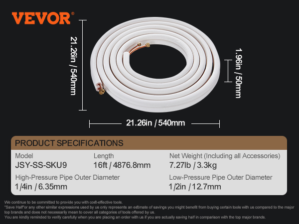 VEVOR mini split line set model jsy-ss-sku9, 16ft length with dimensions and product specifications.