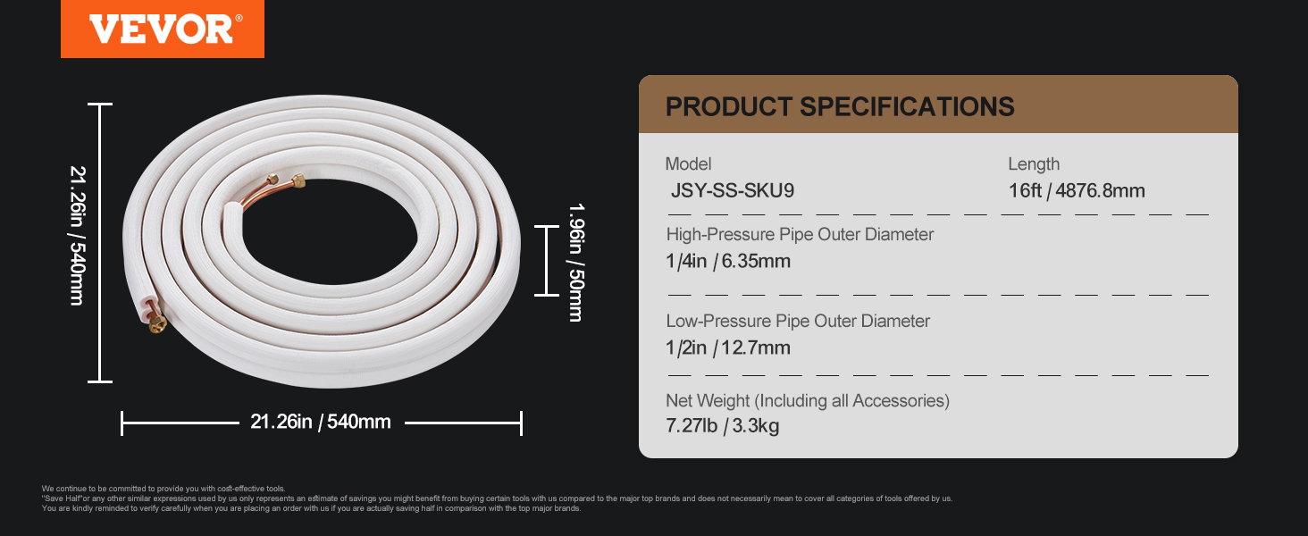 VEVOR mini split line set model jsy-ss-sku9, 16ft length with dimensions and product specifications.