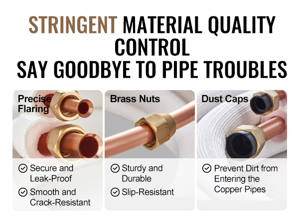 VEVOR high-quality plumbing components with brass nuts, secure flaring, and protective dust caps.
