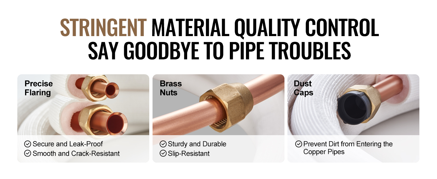 VEVOR high-quality plumbing components with brass nuts, secure flaring, and protective dust caps.
