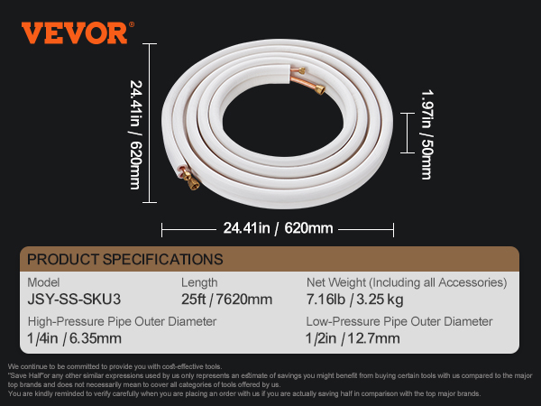 VEVOR mini split line set, 25ft length, specification chart with high and low-pressure pipe diameters.