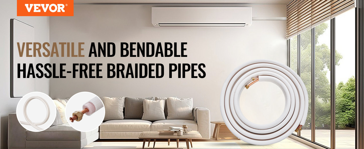 VEVOR mini split line set with versatile, bendable, hassle-free braided pipes in a modern living room.