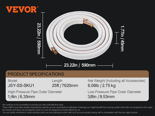 coiled VEVOR mini split line set, 25ft length, 1/4in and 3/8in diameter, product specifications displayed.