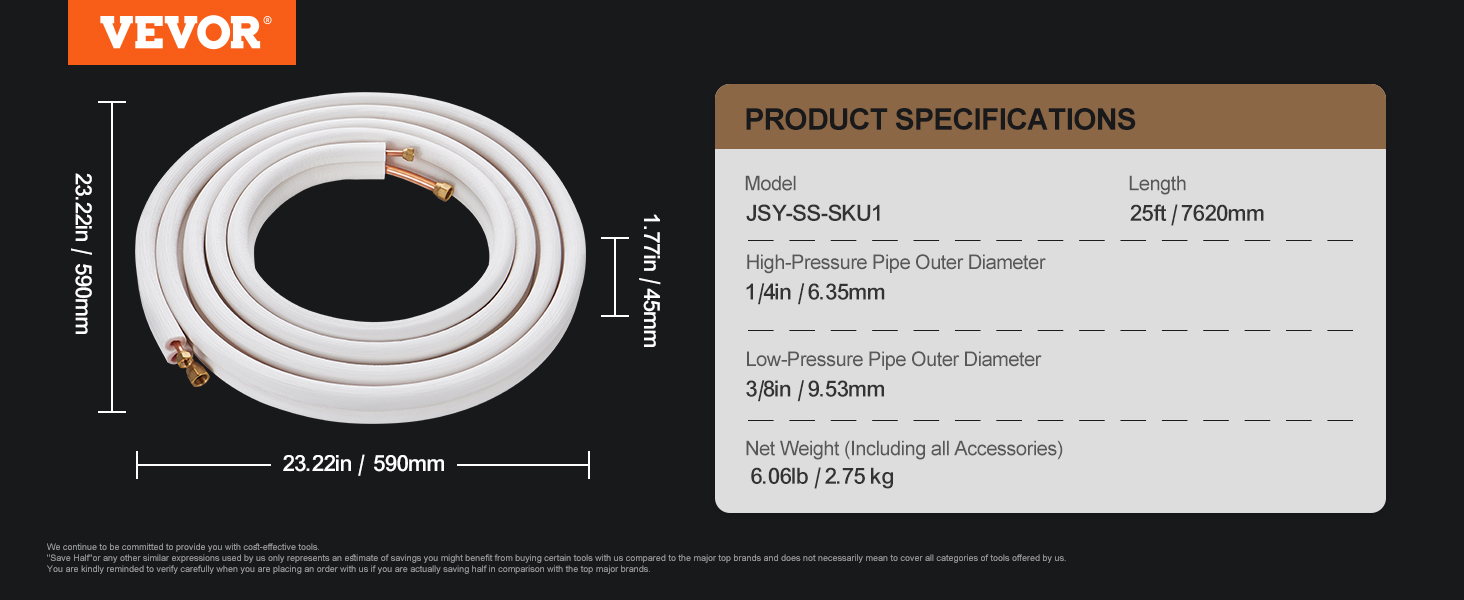 coiled VEVOR mini split line set, 25ft length, 1/4in and 3/8in diameter, product specifications displayed.