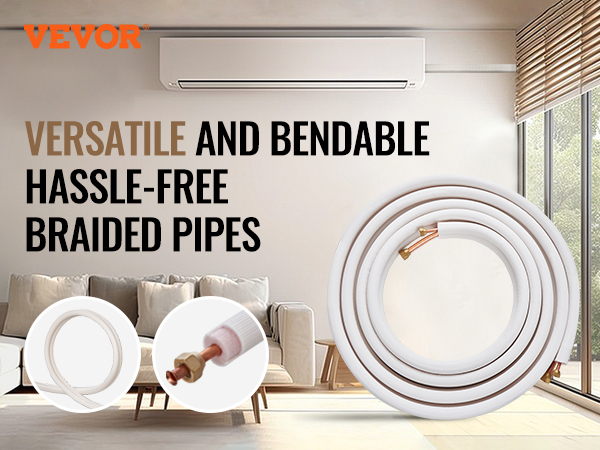 VEVOR mini split line set in a modern living room with air conditioner, coiled and connected pipes.
