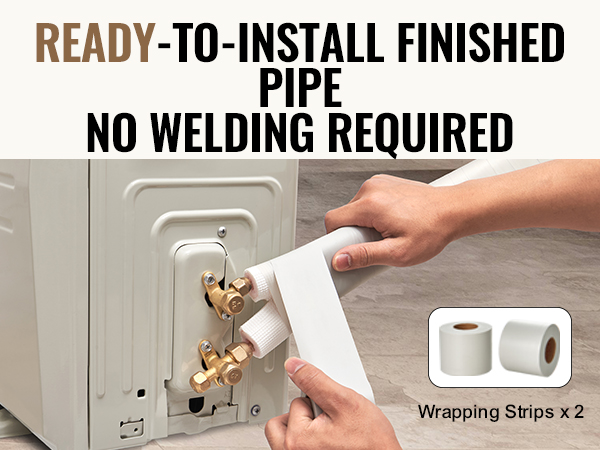 VEVOR mini split line set installation with hands connecting pipes, includes two wrapping strips.