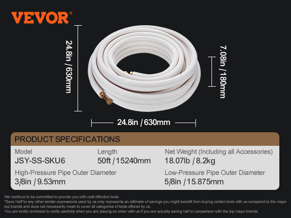 VEVOR mini split line set specifications: 50ft length, 3/8in high-pressure, and 5/8in low-pressure pipes.