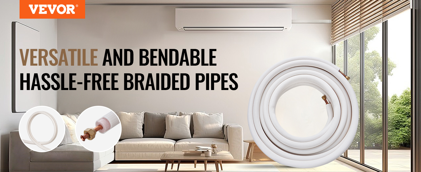 VEVOR mini split line set in a modern living room with large window, air conditioner, and coiled pipes.
