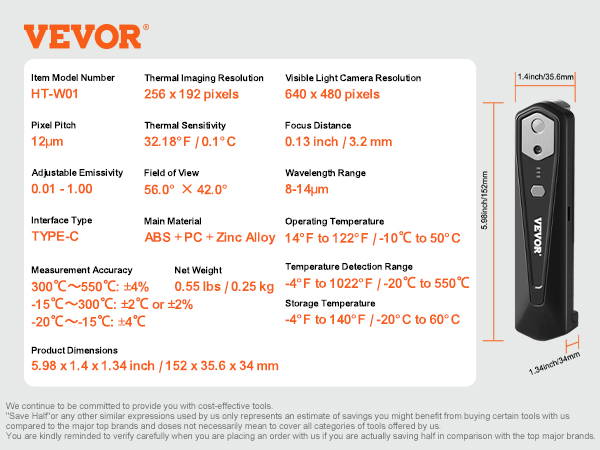 VEVOR thermal imaging camera specifications: ht-w01, 256x192, usb type-c, 32.1°f sensitivity, 640x480 visible resolution.