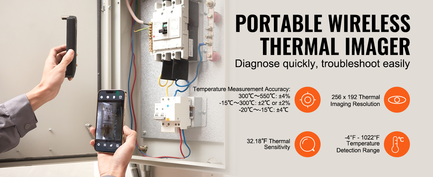 portable wireless thermal imager inspecting an electrical panel with VEVOR thermal imaging camera.
