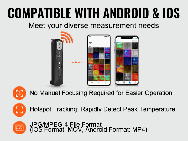 VEVOR thermal imaging camera compatible with android and ios devices, hotspot tracking, no manual focusing.