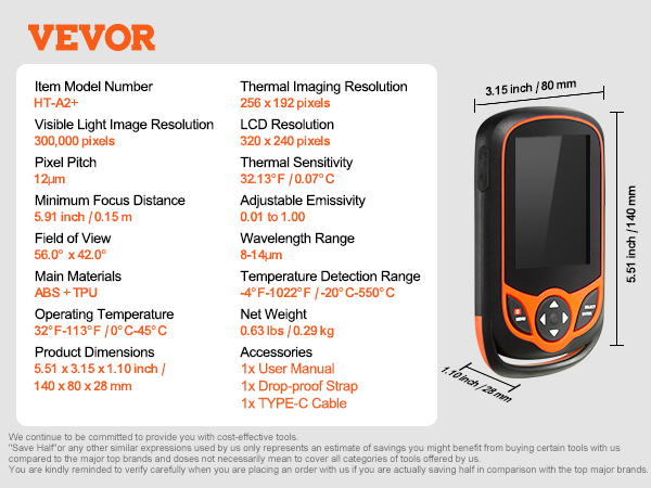 VEVOR thermal imaging camera ht-a2+ specifications, including screen resolution, dimensions, and temperature range.
