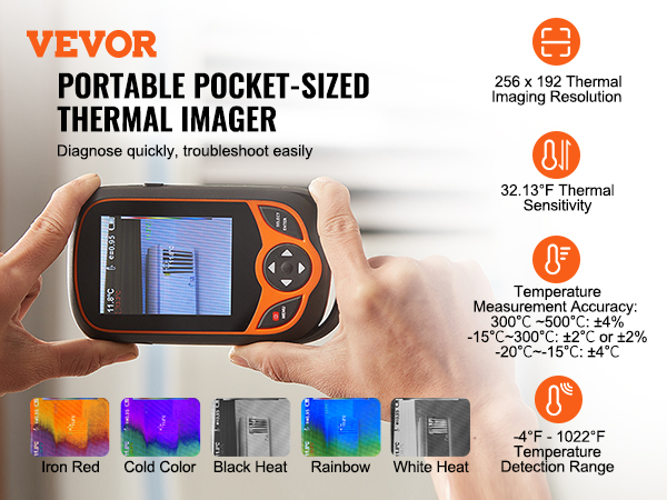 VEVOR thermal imaging camera held in hand, displaying thermal image modes: iron red, cold color, rainbow, black heat, and white heat.
