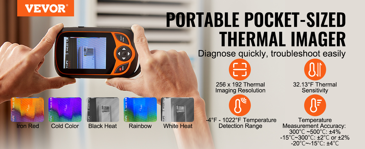 VEVOR thermal imaging camera held in hand, displaying thermal image modes: iron red, cold color, rainbow, black heat, and white heat.