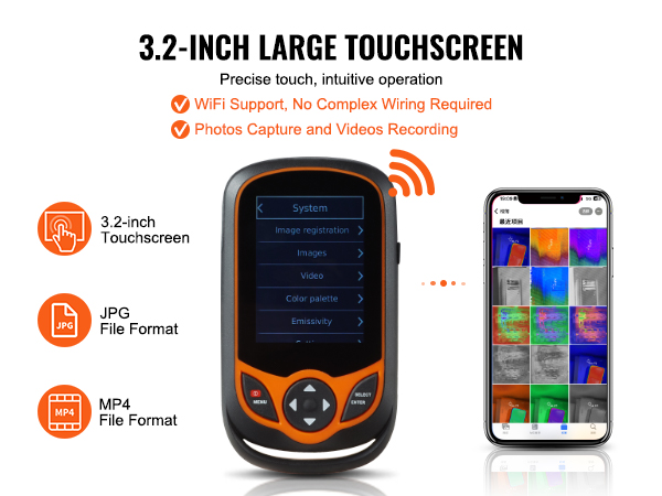 3.2-inch touchscreen, wifi support, VEVOR thermal imaging camera; captures photos and videos in jpg and mp4 formats.
