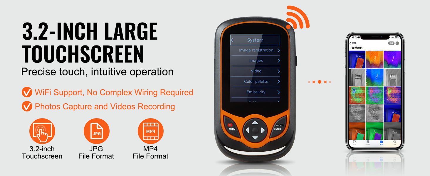 3.2-inch touchscreen, wifi support, VEVOR thermal imaging camera; captures photos and videos in jpg and mp4 formats.