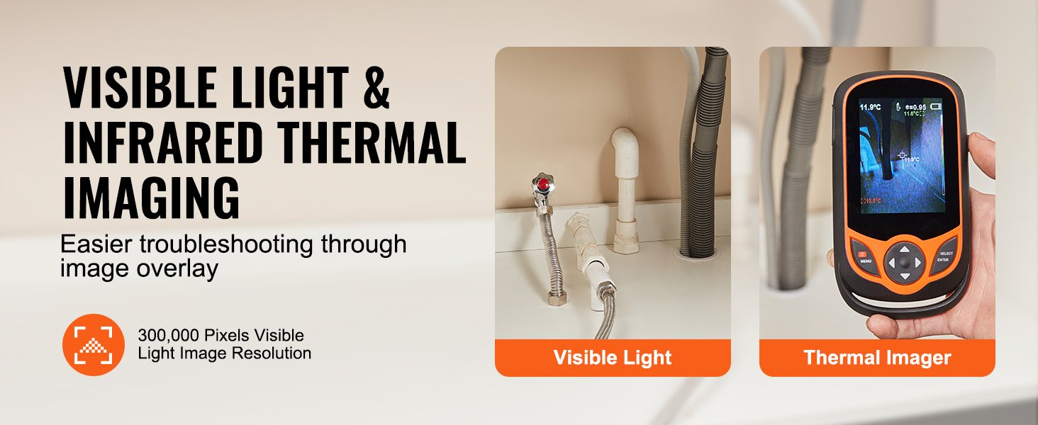 VEVOR thermal imaging camera showcasing visible light and infrared imaging for easier troubleshooting.