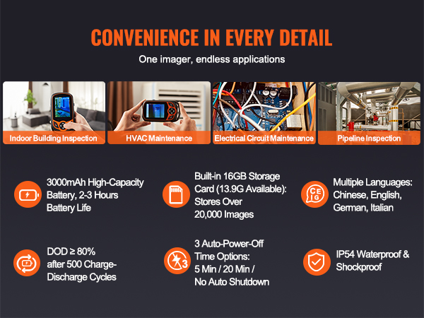 VEVOR thermal imaging camera for building inspection, hvac maintenance, electrical circuits, and pipelines.