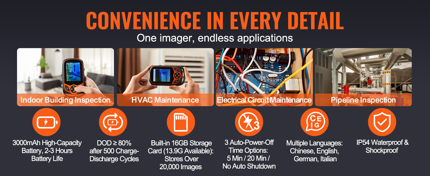 VEVOR thermal imaging camera for building inspection, hvac maintenance, electrical circuits, and pipelines.
