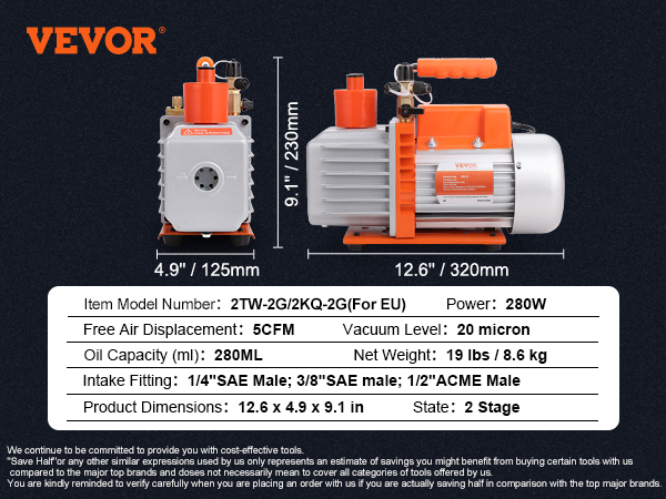 VEVOR hvac vacuum pump, 2-stage, 250w, 5cfm, 20 micron, 280ml oil, 12.6x4.9x9.1in, 19lbs.