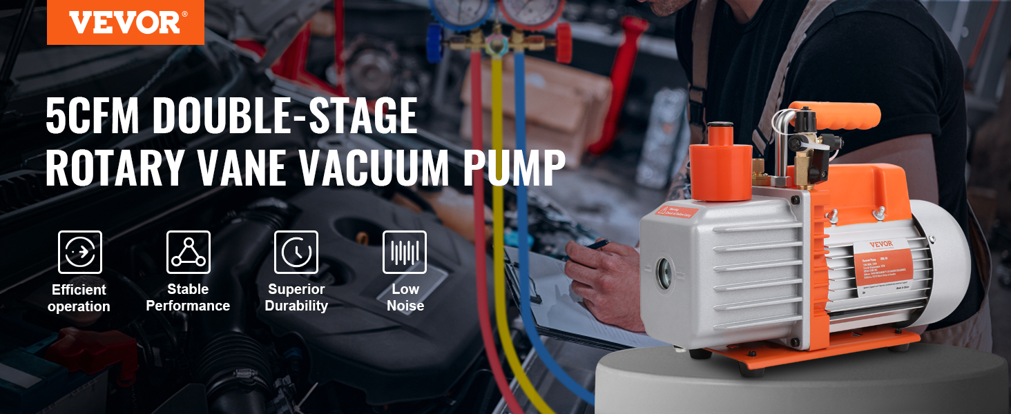VEVOR hvac vacuum pump 5cfm double-stage rotary vane, efficient operation, stable performance.