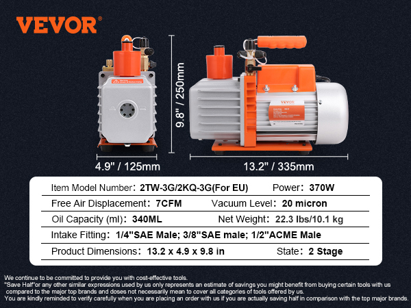 VEVOR hvac vakuumsūkņa specifikācijas: 2 pakāpes, 370W, 7cfm, 20 mikronu, 340ml eļļas tilpums, 22,3 lbs.